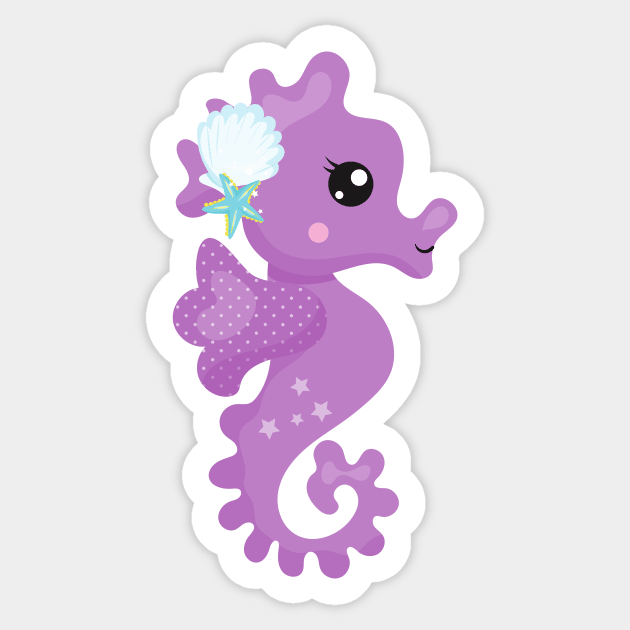 Cute Seahorse, Purple Seahorse, Starfish, Seashell Sticker by Jelena Dunčević